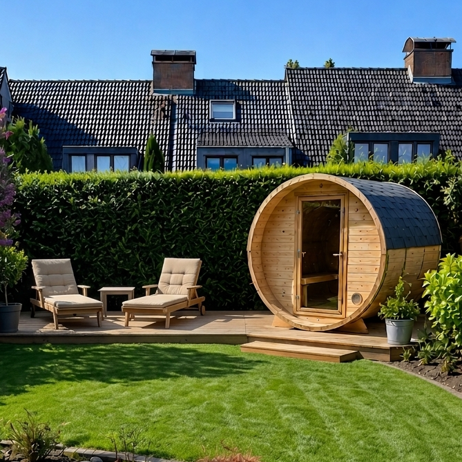Gartenansicht mit Fasssauna